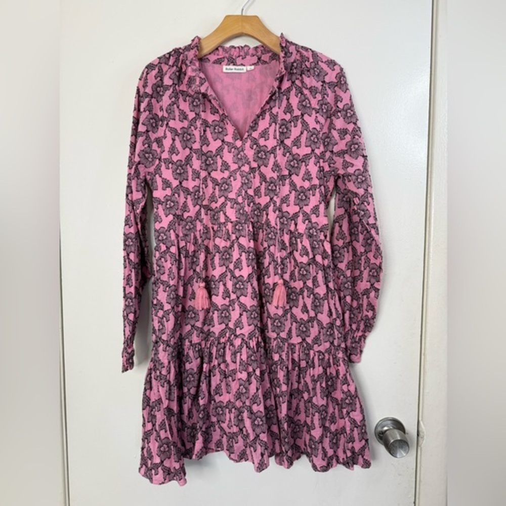 Roller Rabbit Pau pink tiered, floral, long sleeve Tassle front mini dress XS